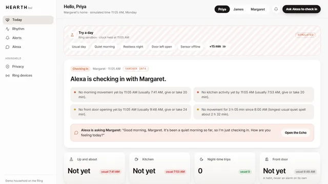 Hearthbeat caregiver dashboard with an Alexa check-in